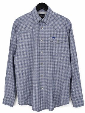 Texas Standard Western Field Shirt Blue Plaid Medium Long Sleeve Pearl Snap Vent
